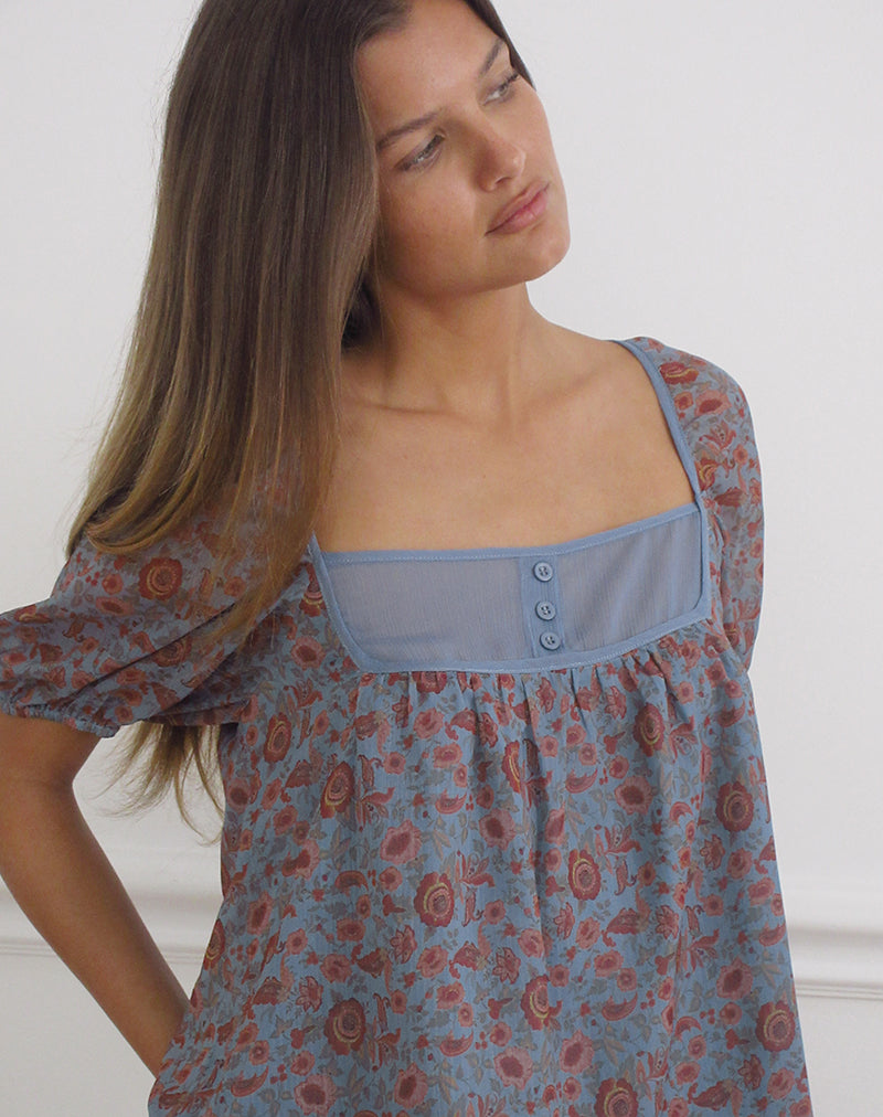 Sumire Top in Shadow Blossom Blue Chiffon