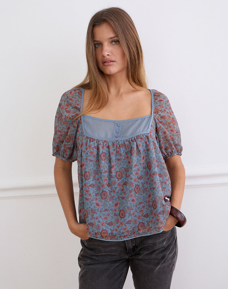 Sumire Top in Shadow Blossom Blue Chiffon
