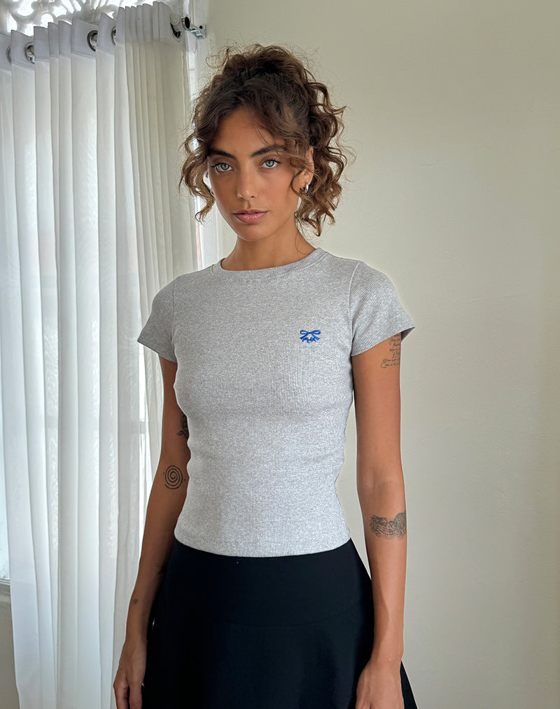 Suti Tee in Grey Marl with Cobalt Blue Bow Embroidery