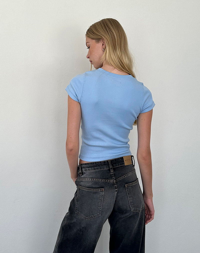 Image of Suti Ribbed Baby Tee in Ice Blue with Dark Blue Bow Embroidery