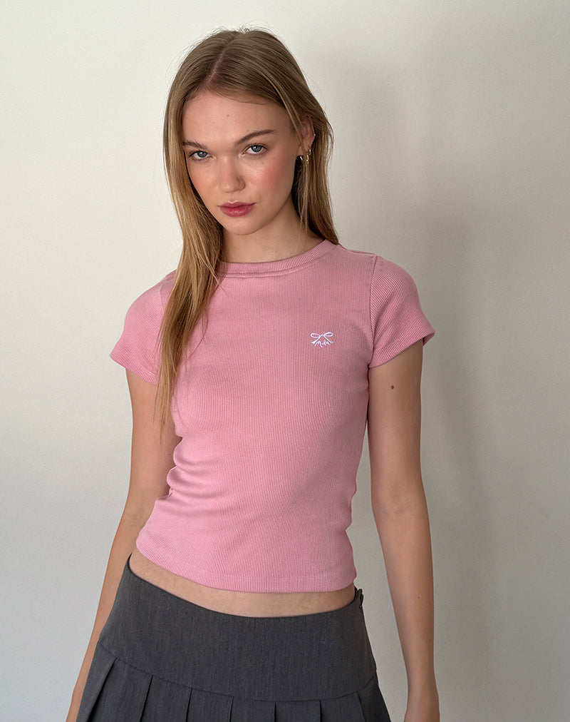 Suti Ribbed Tee in Flamingo Pink with White Bow Embroidery