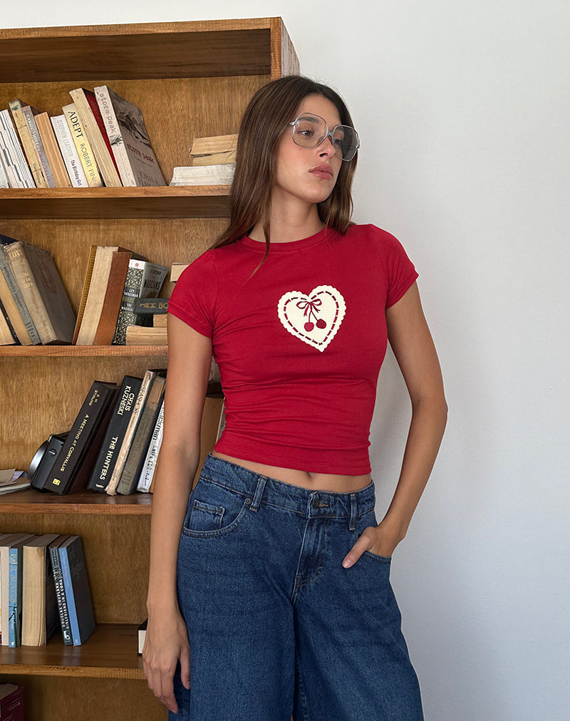 Image of Sutin Baby Tee in Adrenaline Red with Embroidered Cherry Heart