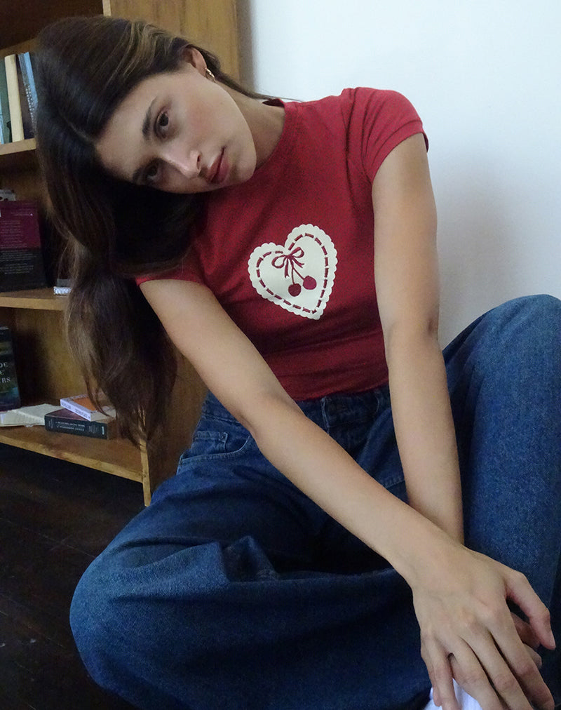 Image of Sutin Baby Tee in Adrenaline Red with Embroidered Cherry Heart