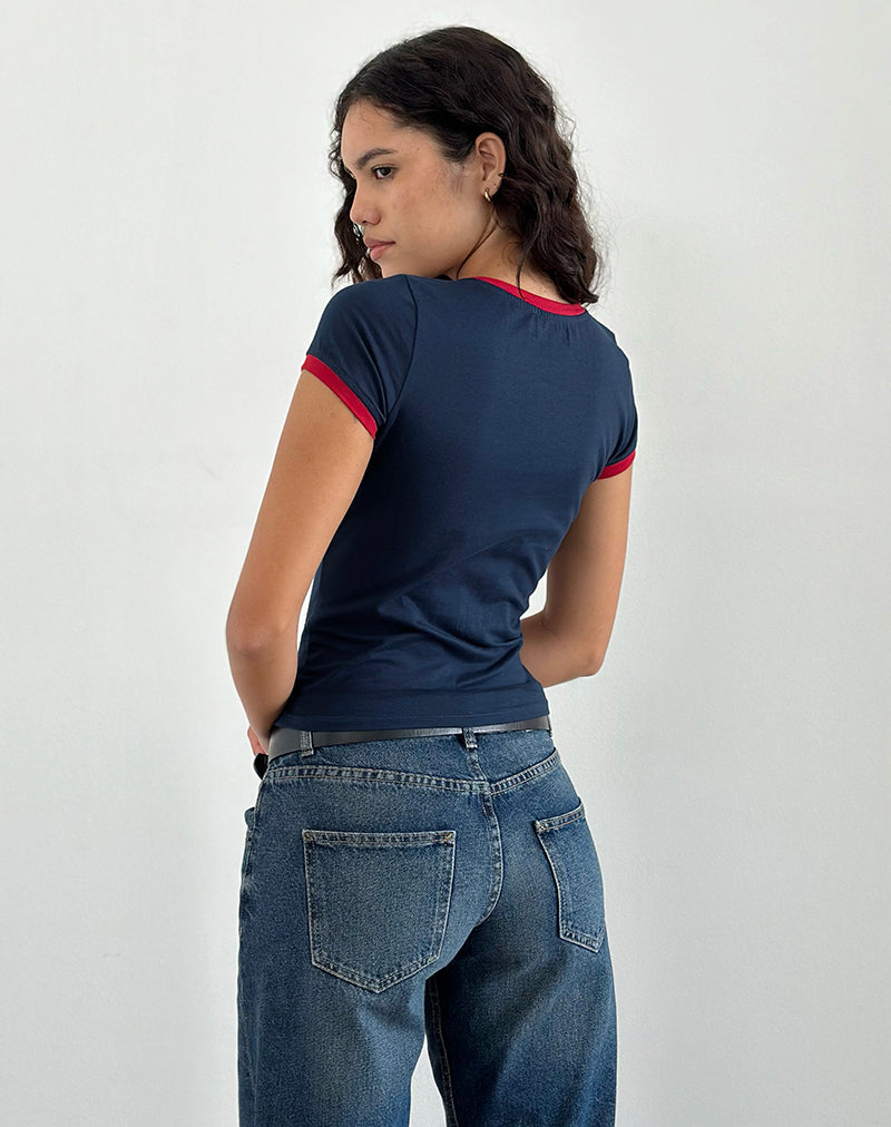 Sutin Tee in Navy with Red Binding and Doeyes Graphic