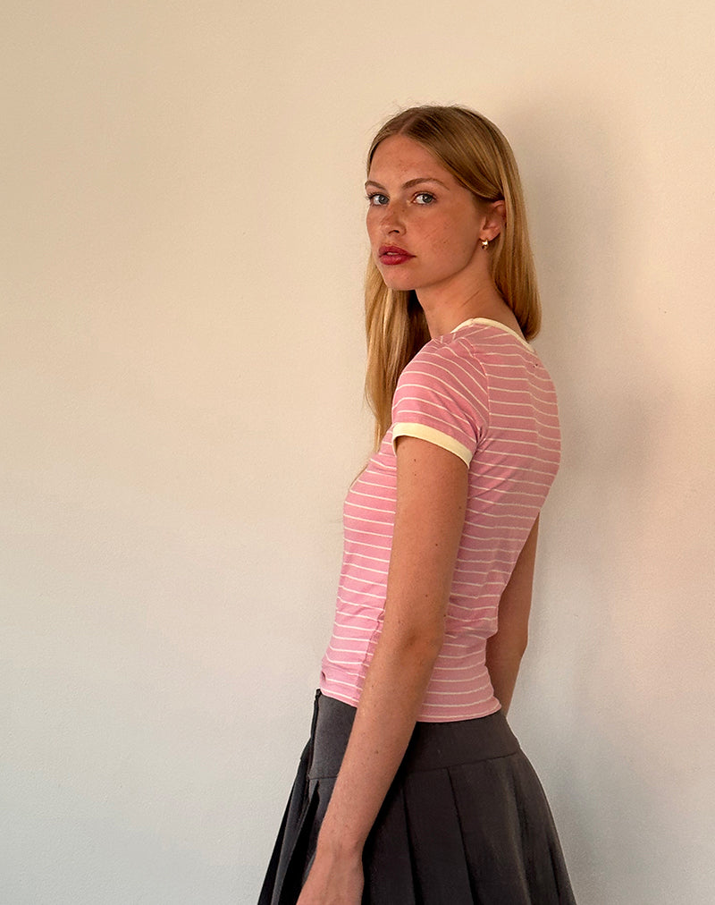 Image of Sutin Baby Tee in Pink Stripe Combi Cherry Embroidery
