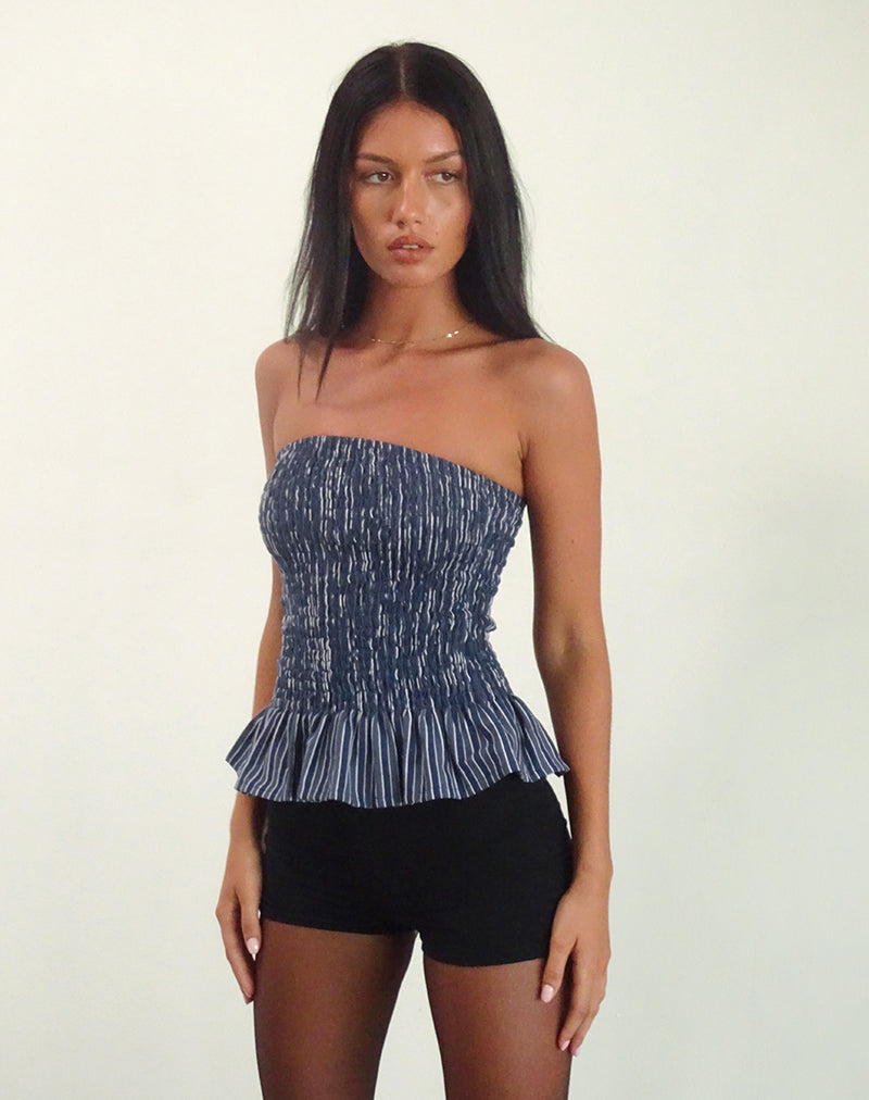 Image of Sutisna Bandeau Top in Indigo Stripe Dark Blue