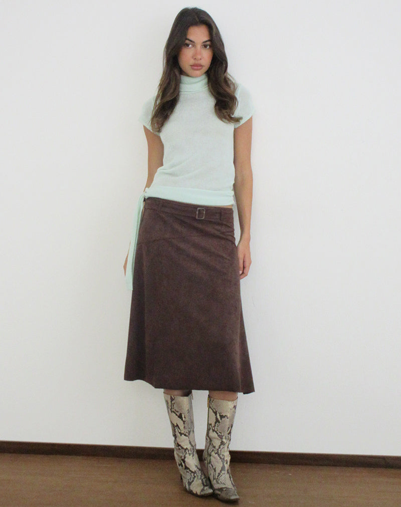 Suzu Midi Skirt in Faux Suede Dark Brown