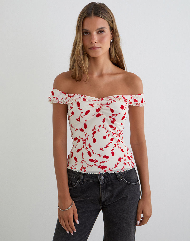 Image of Switi Bardot Top in Cream with Red Leafy Lily Flock