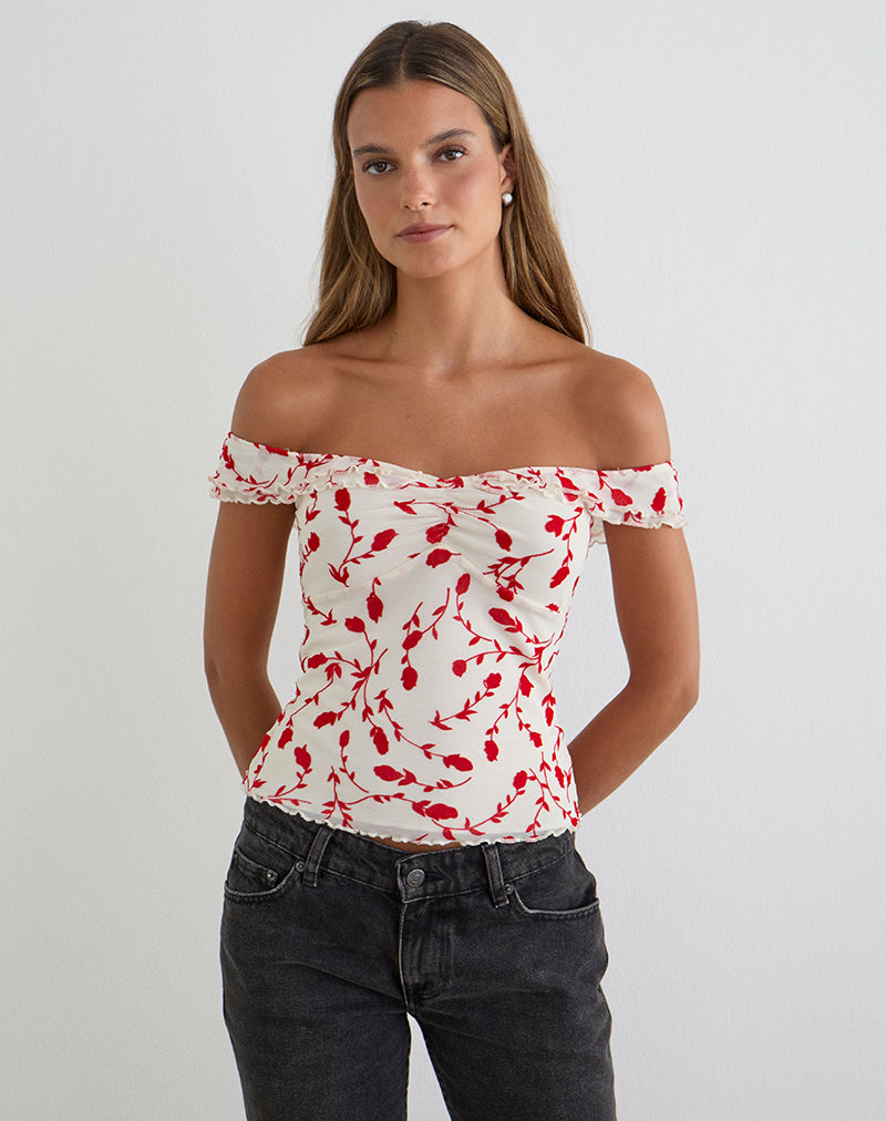 Switi Bardot Top in Cream with Red Leafy Lily Flock
