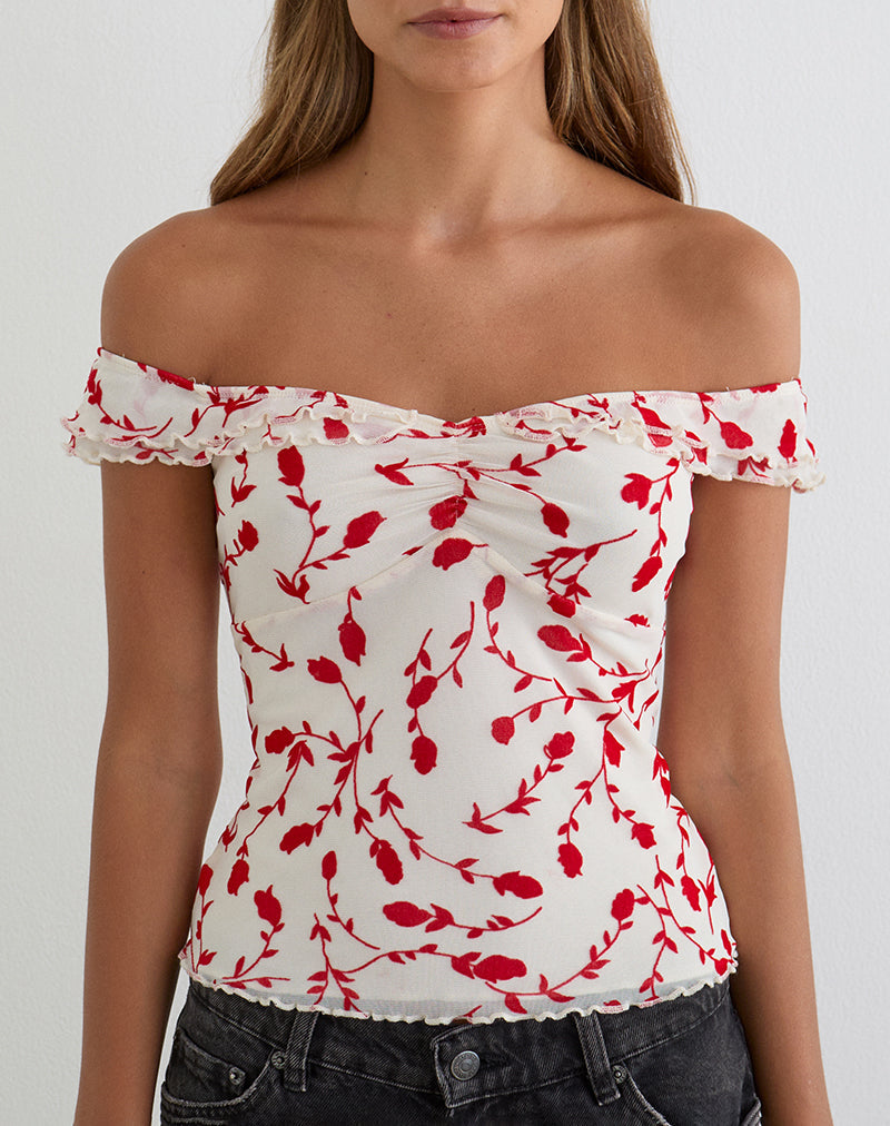 Image of Switi Bardot Top in Cream with Red Leafy Lily Flock