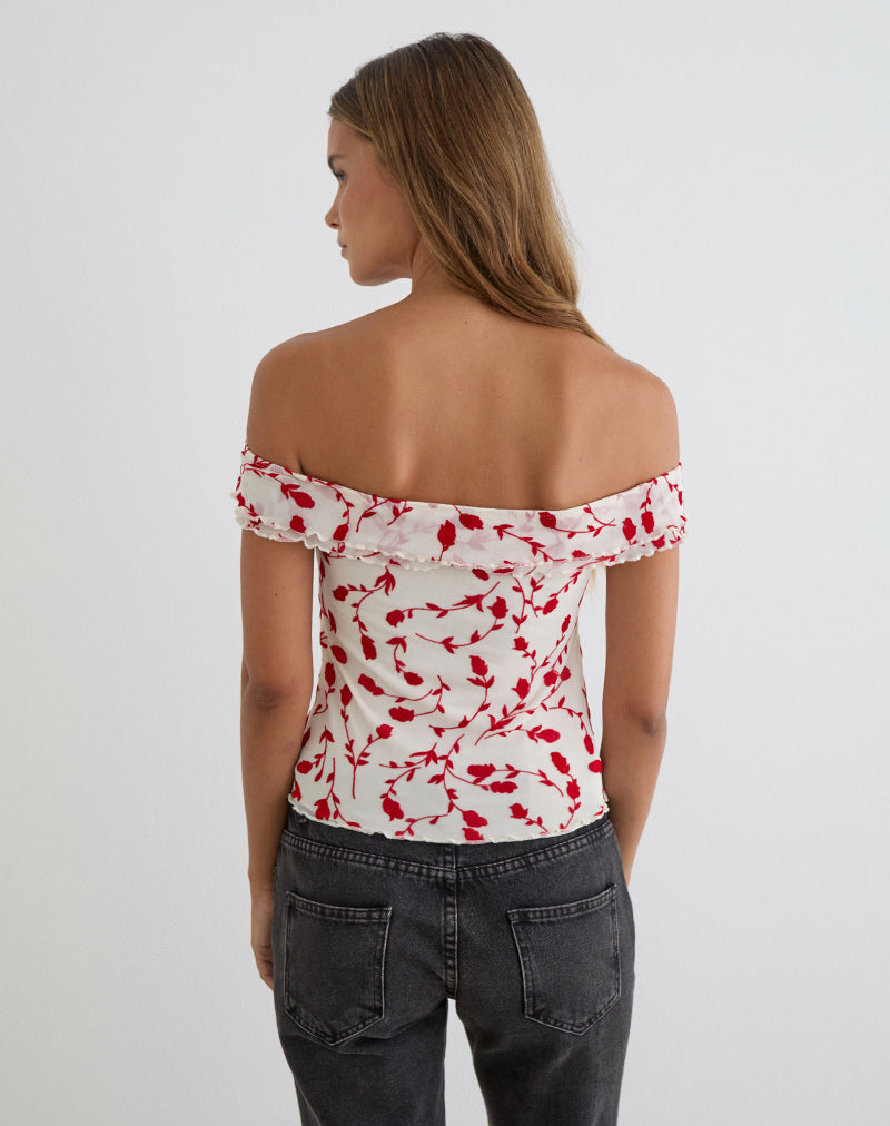 Image of Switi Bardot Top in Cream with Red Leafy Lily Flock