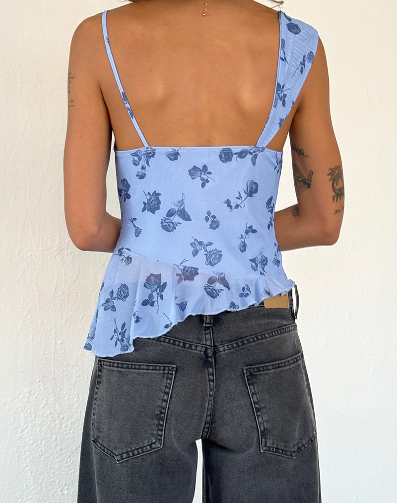 Image of Syahdu Asymmetric Top in Inky Blue Floral Mesh