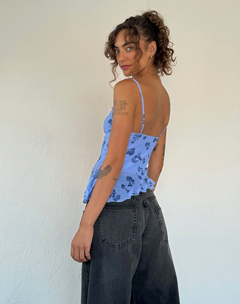 Image of Syahdu Asymmetric Top in Inky Blue Floral Mesh