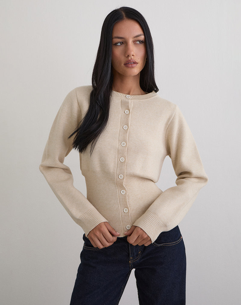 Image of Subra Long Sleeve Ribbed Hem Cardigan in Ivory