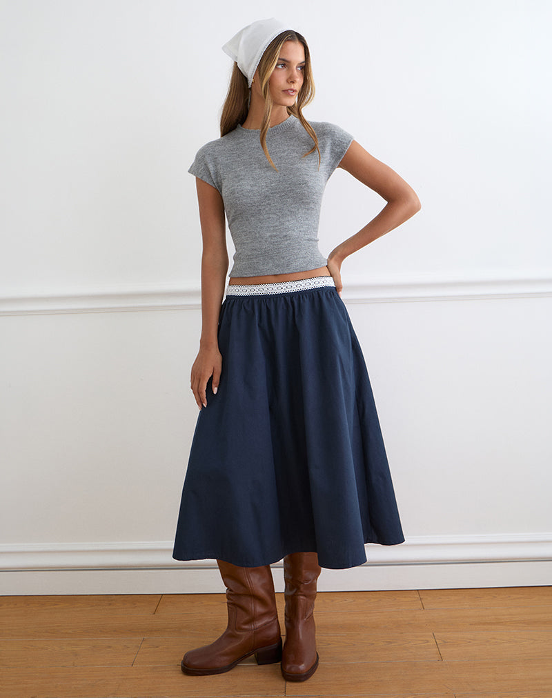 Image of Takira Midi Skirt in Dark Navy with Lace Trim