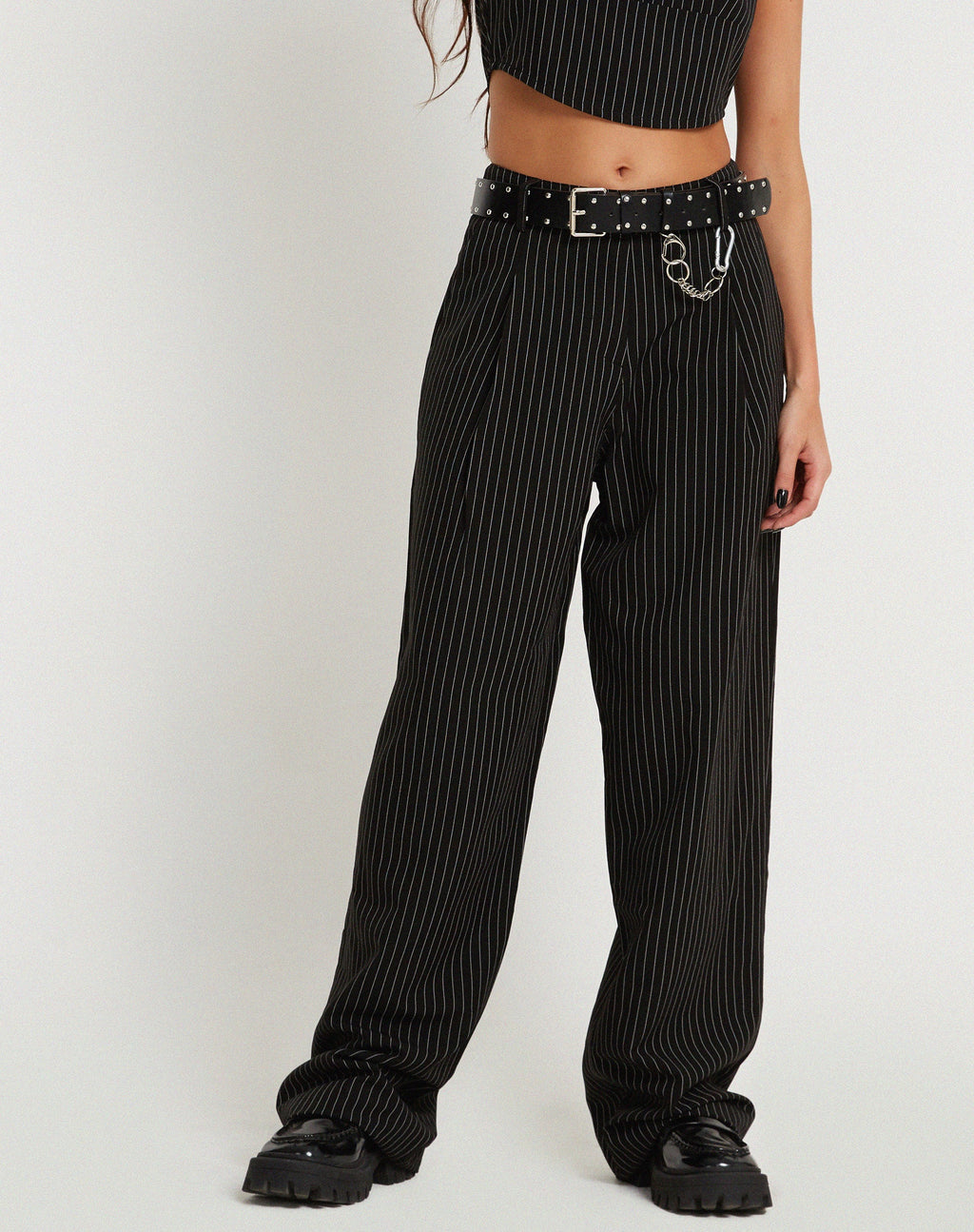 Saskira Wide Leg Trouser in Pinstripe Black