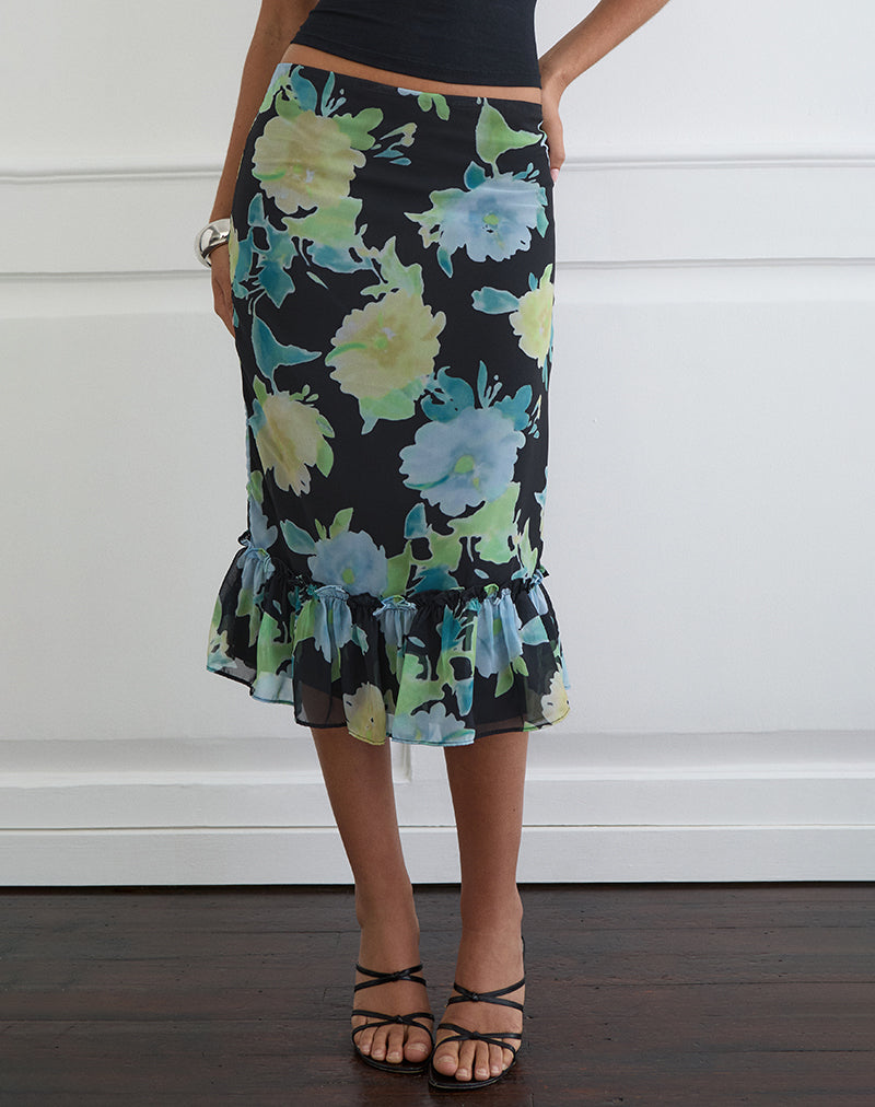 Tarla Midi Skirt in Black Chiffon with Crystal Flower Print