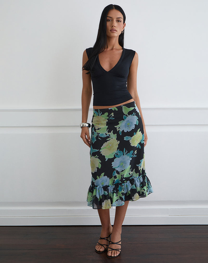 Tarla Midi Skirt in Black Chiffon with Crystal Flower Print
