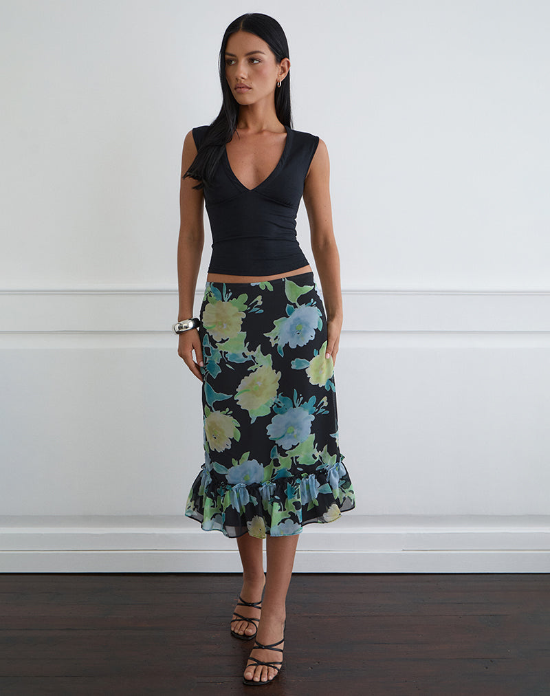 Image of Tarla Midi Skirt in Black Chiffon with Crystal Flower Print