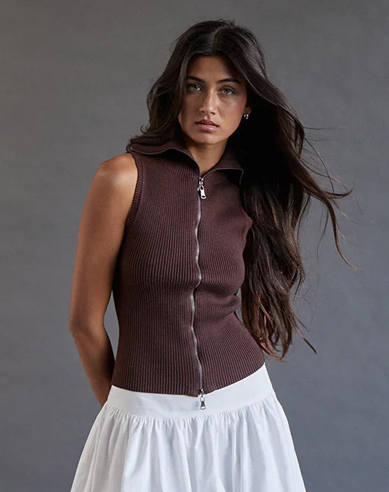 Tarni Highneck Fold Over Tank Top in Brown