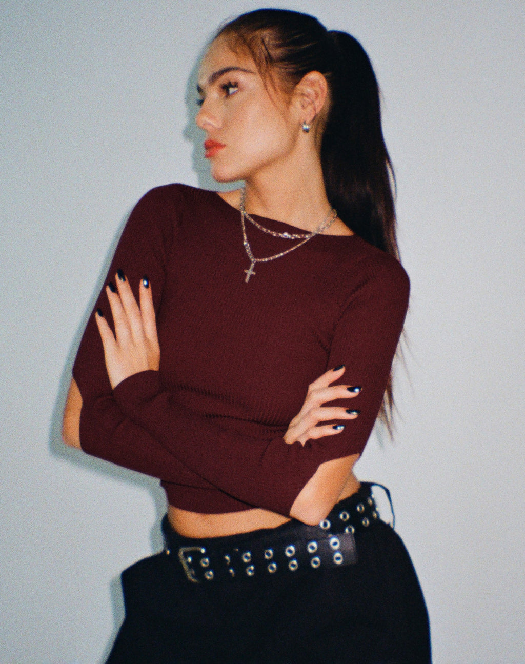 Tayon Long Sleeve Rib Top in Marron