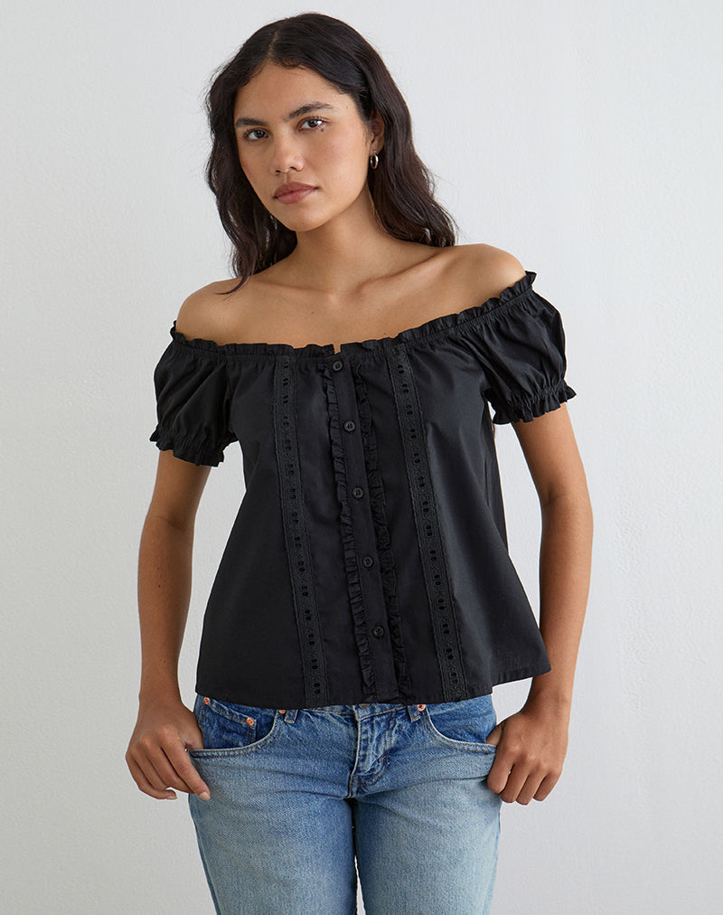 Tempest Bardot Puff Sleeve Top in Poplin Black