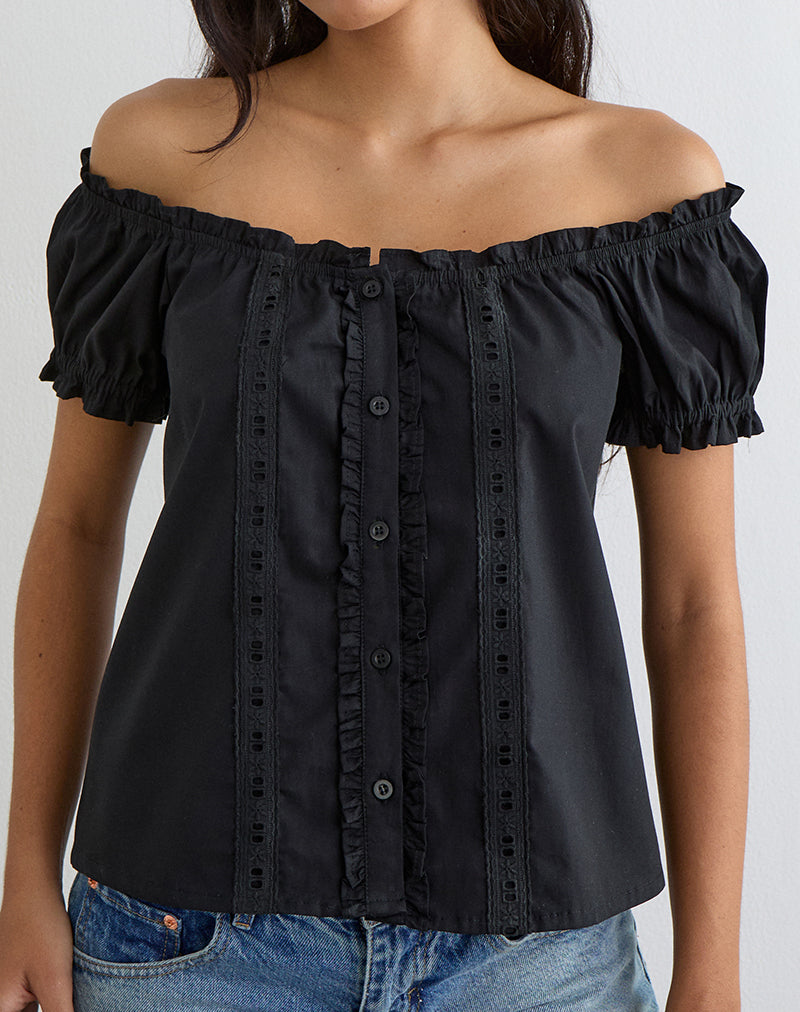 Tempest Bardot Puff Sleeve Top in Poplin Black