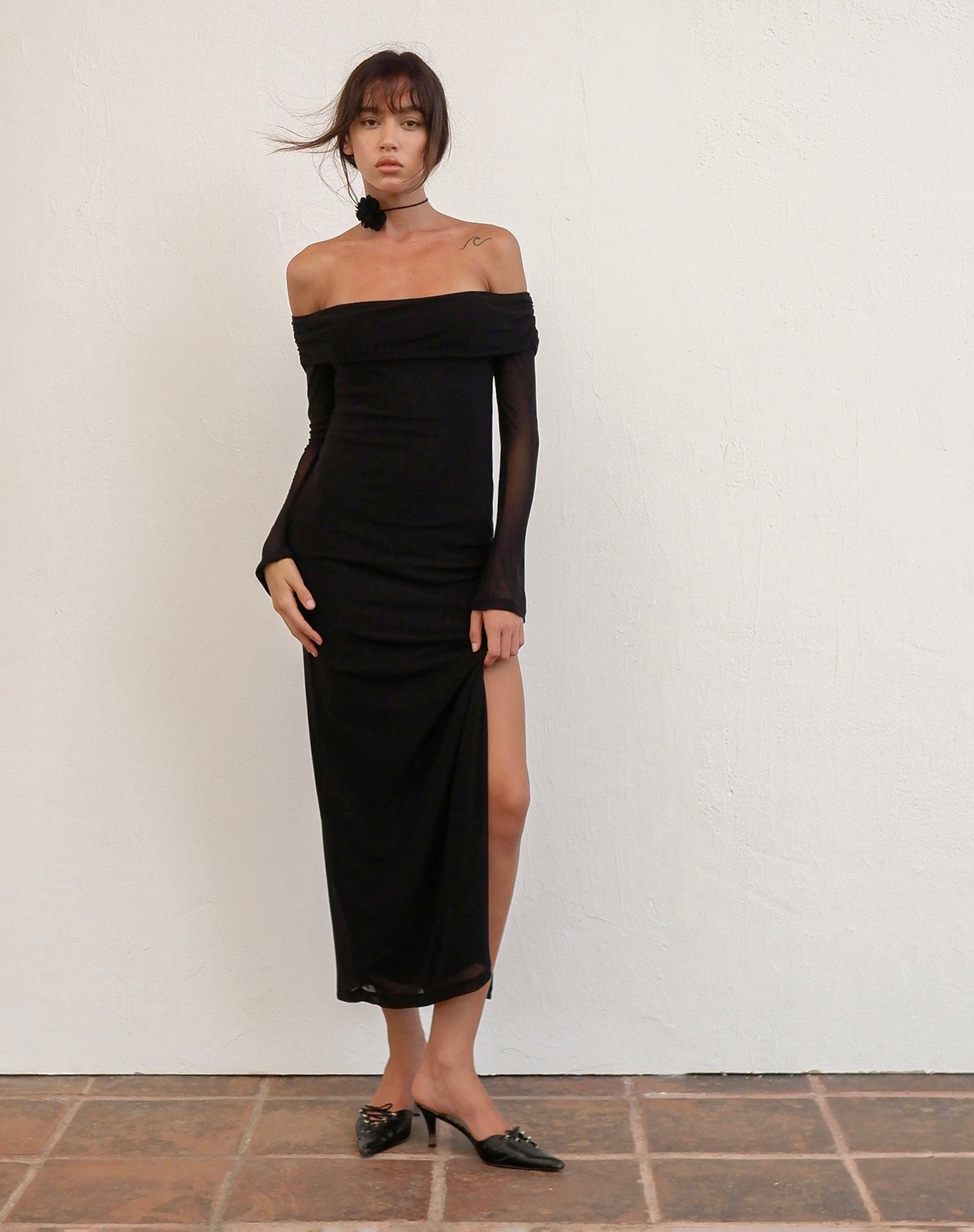 Image of Terika Bardot Long Sleeve Maxi Dress in Mesh Black