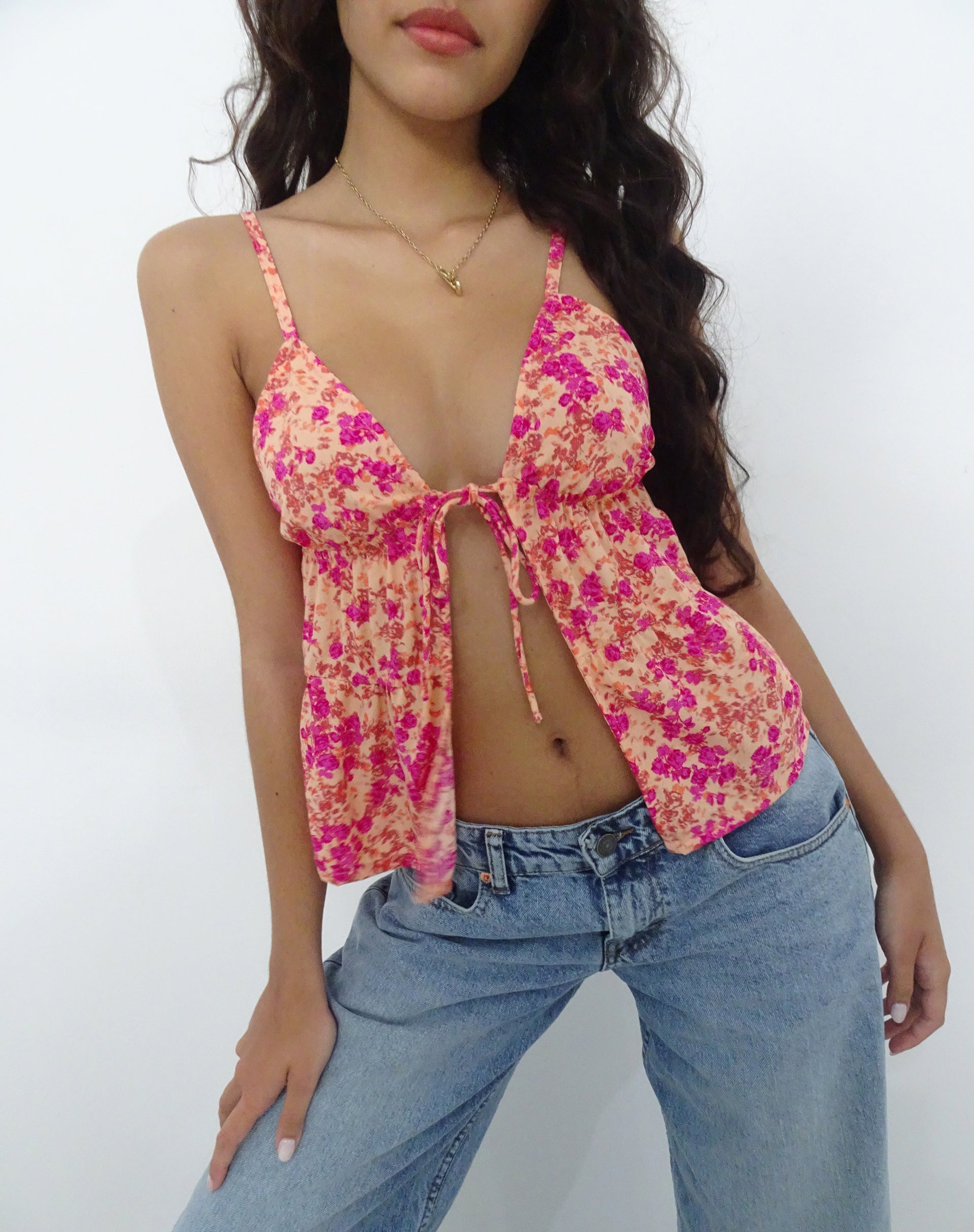 Image of Tezza Tie Front Cami Top in Dark Wild Flower Cantaloupe