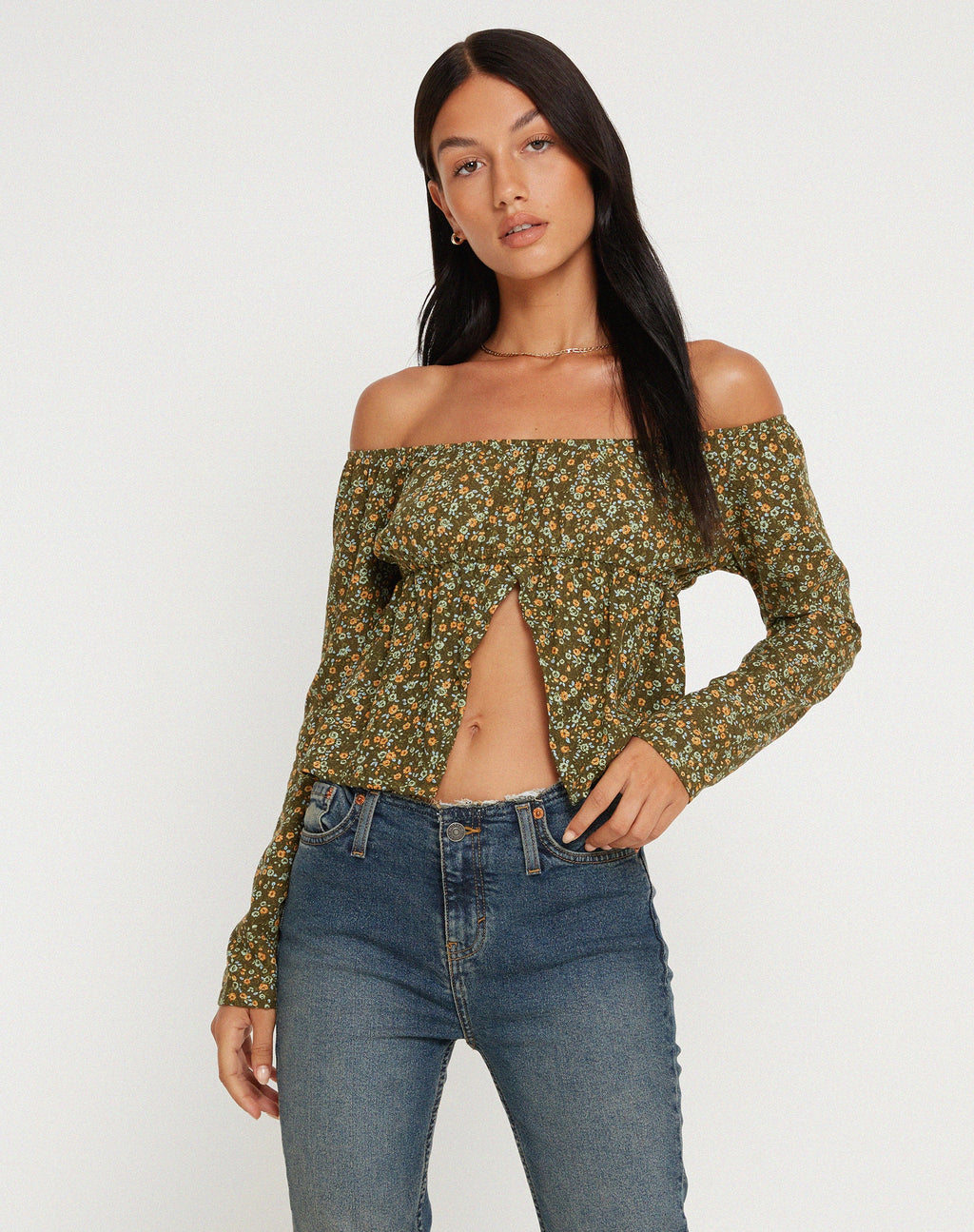 Thena Long Sleeve Top in Grungey Floral Khaki