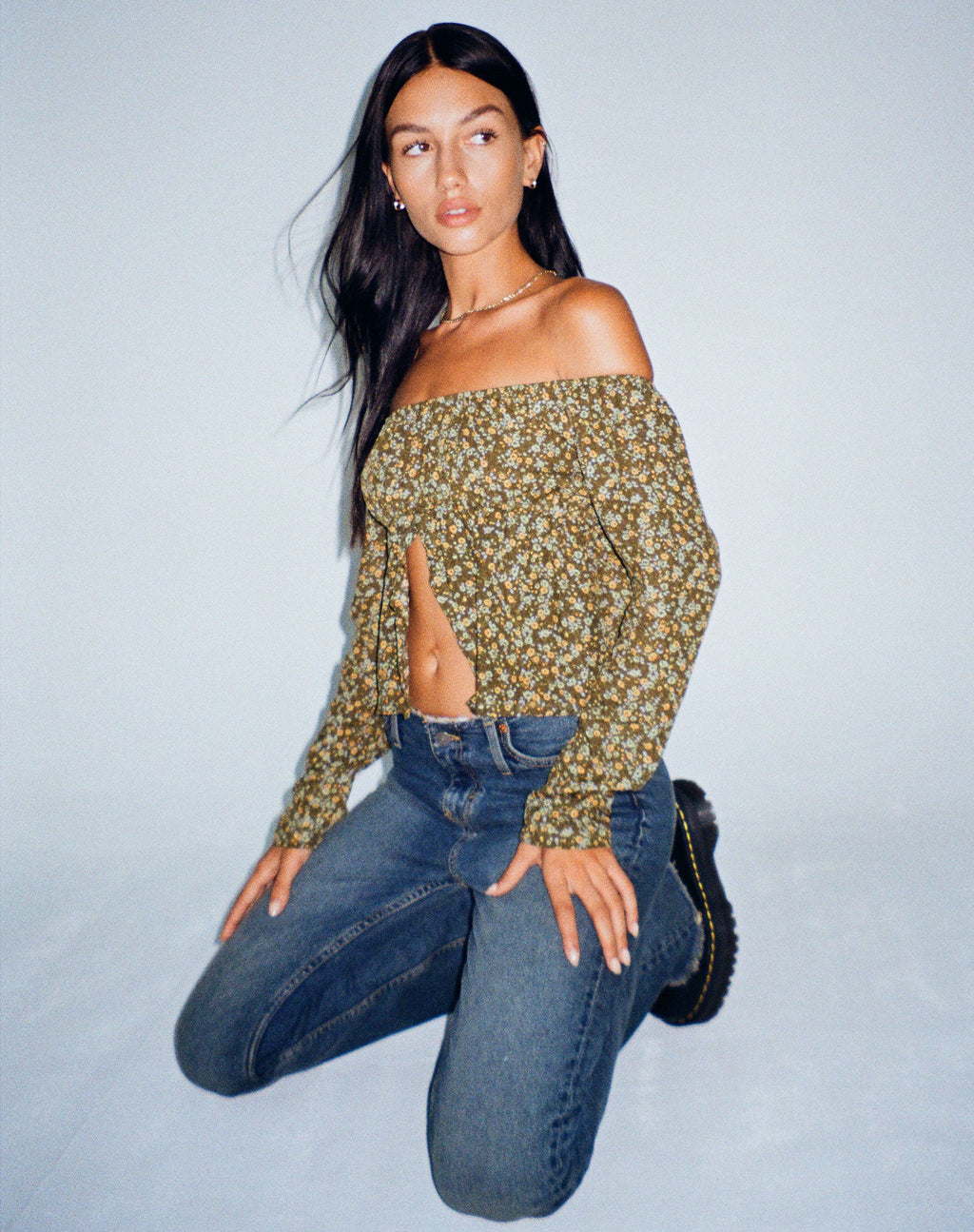 Thena Long Sleeve Top in Grungey Floral Khaki