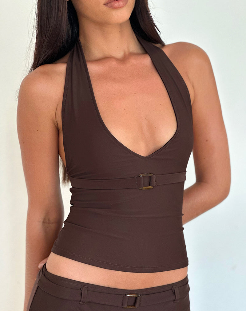 Towi Swim Tank Top in Brown with Trim