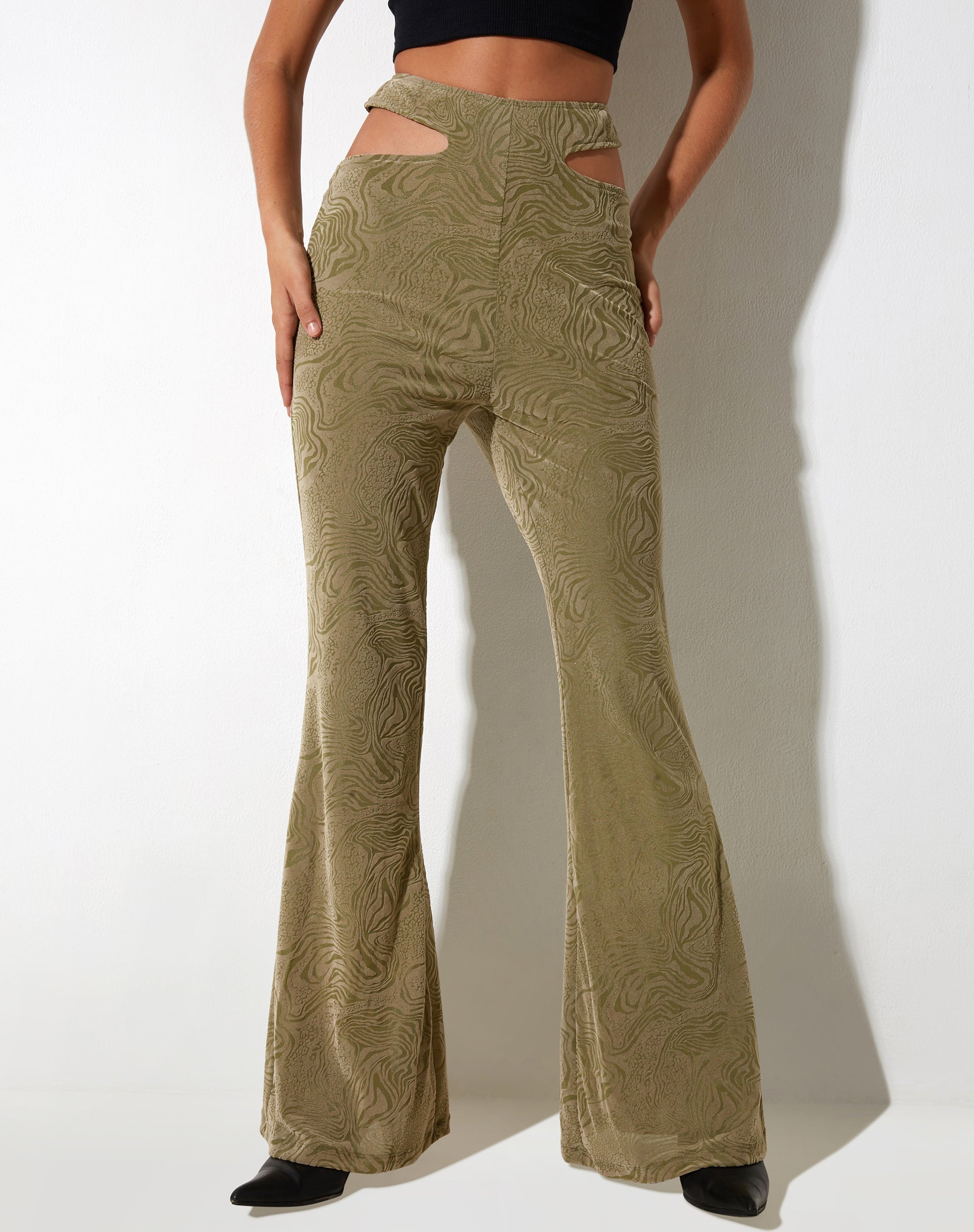 IMAGE OF Flare Trouser in Mixed Animal Flock Olive