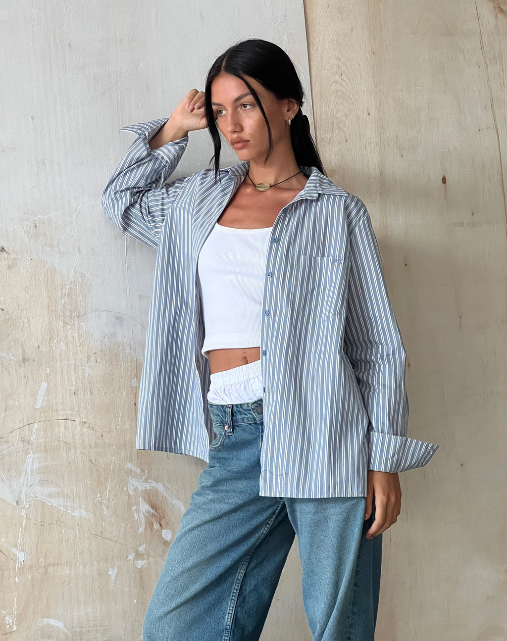 MOTEL X JACQUIE Turner Shirt in Grey and White Stripe with M Embroidery