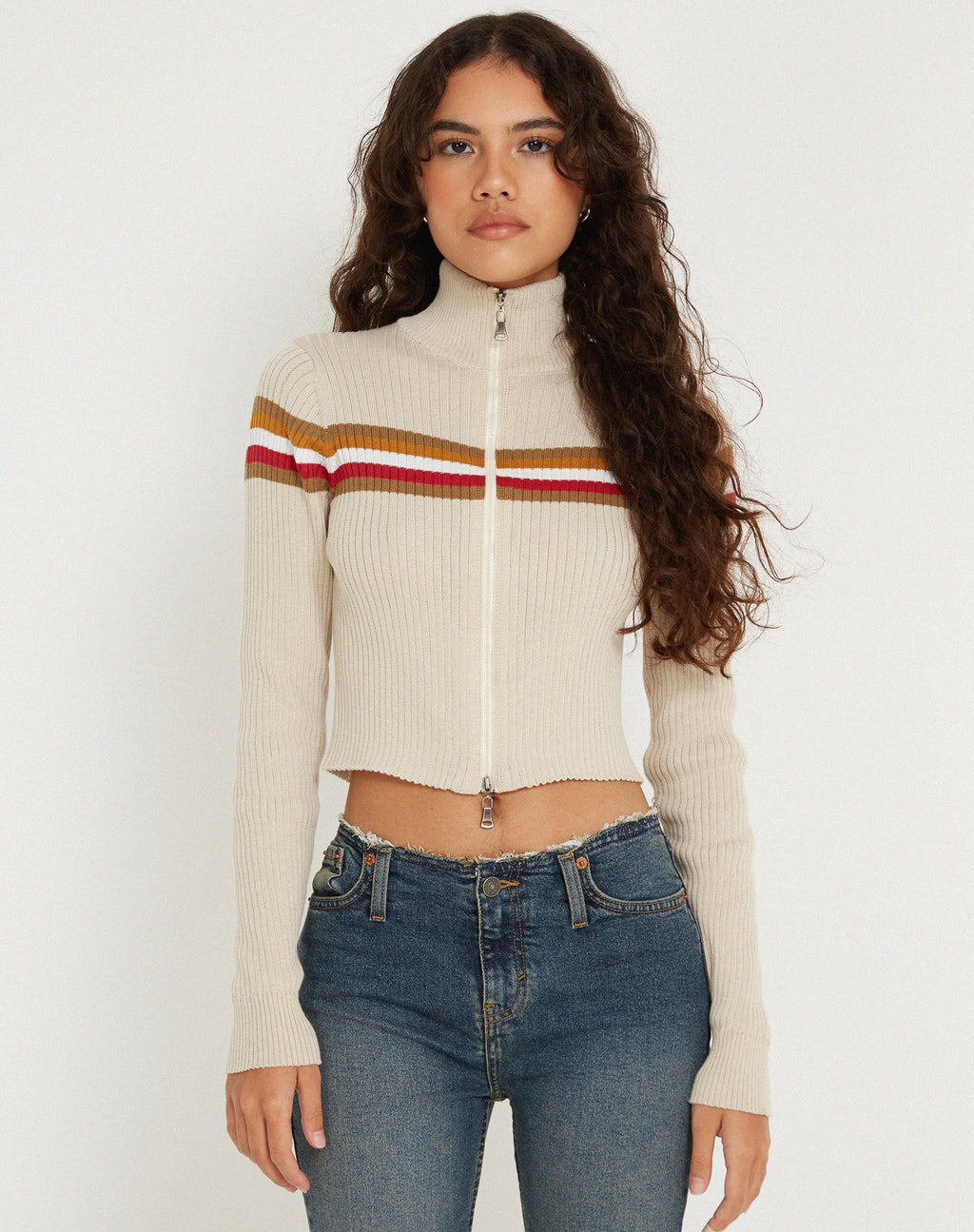 Tuzifa Cropped Knit Jumper in Beige Red and Brown