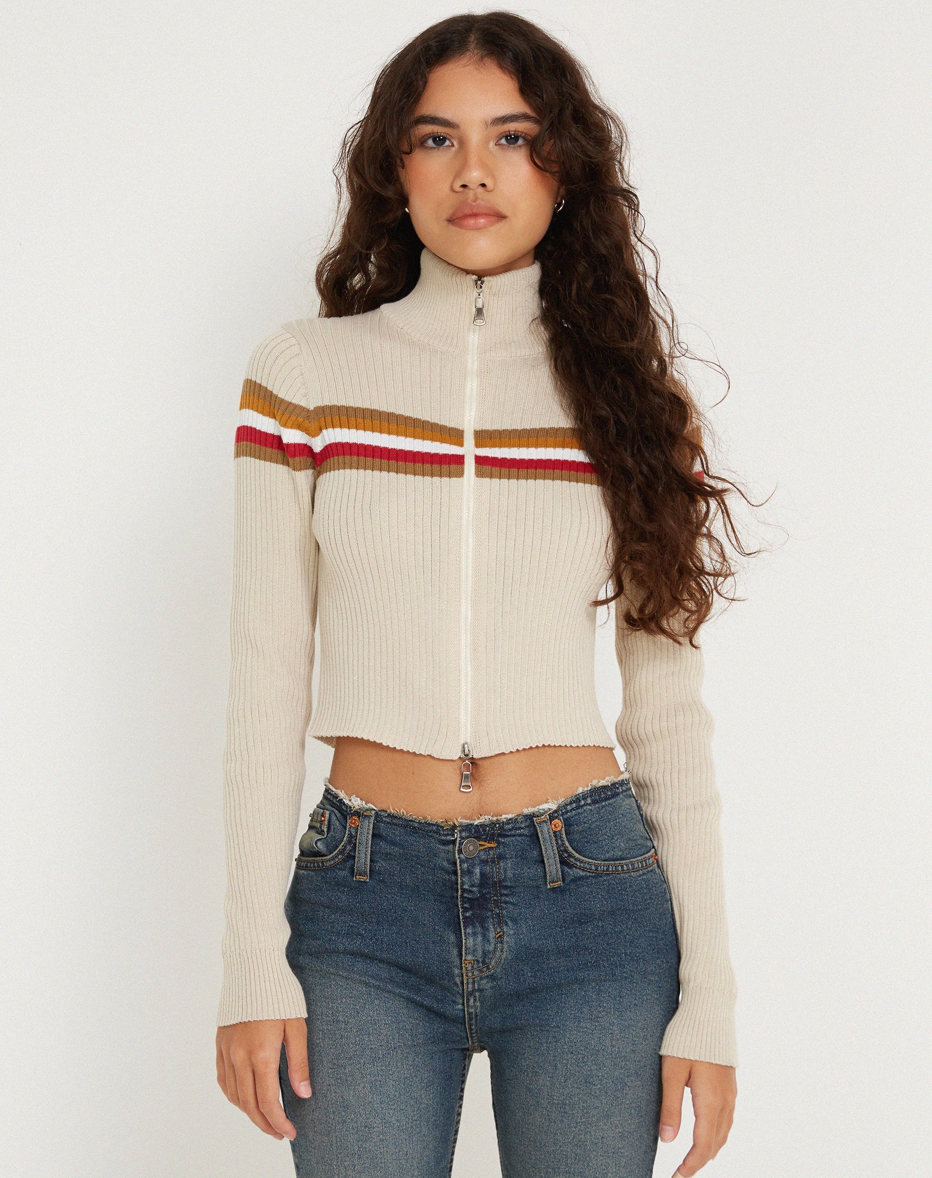 image of Tuzifa Cropped Knit Jumper in Beige Red and Brown