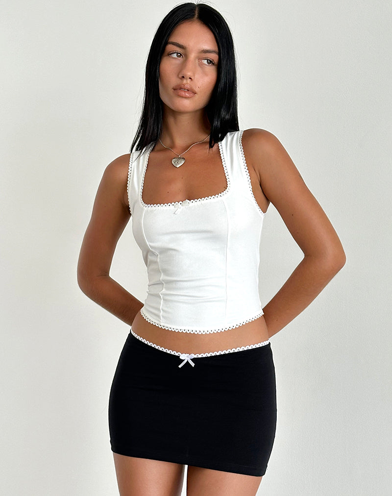 Vadia Mini Skirt in Black with White Picot Trim and Bow
