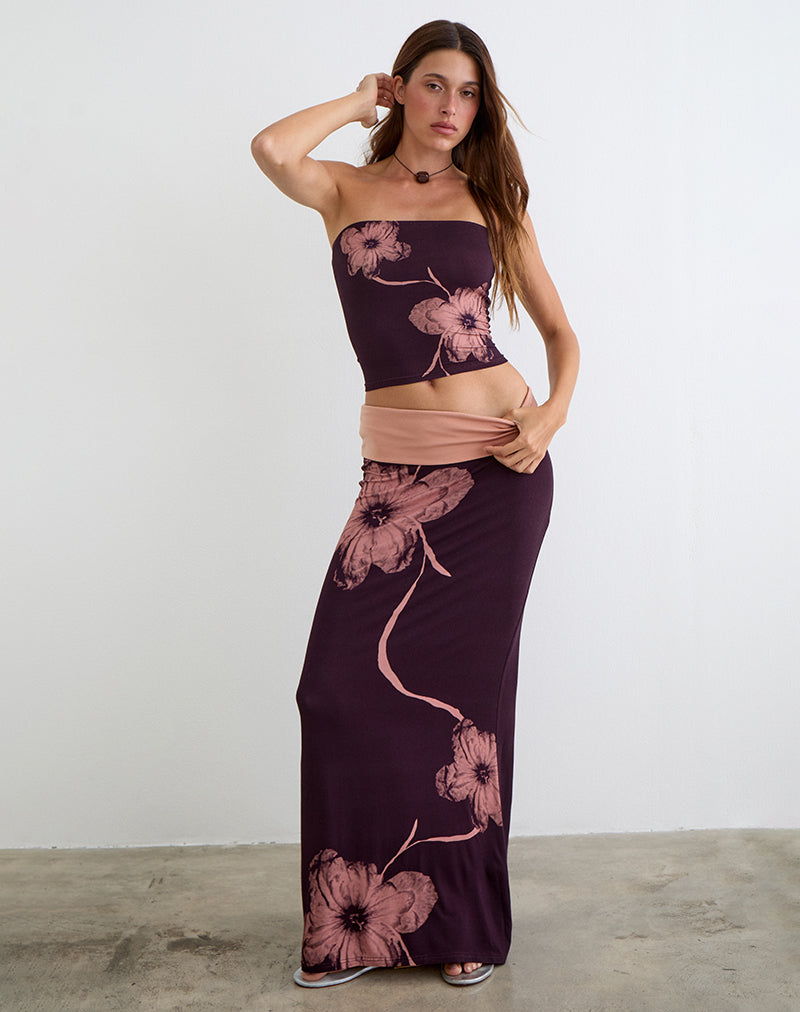 Valdra Maxi Skirt in Burgundy with Flower Silhouette