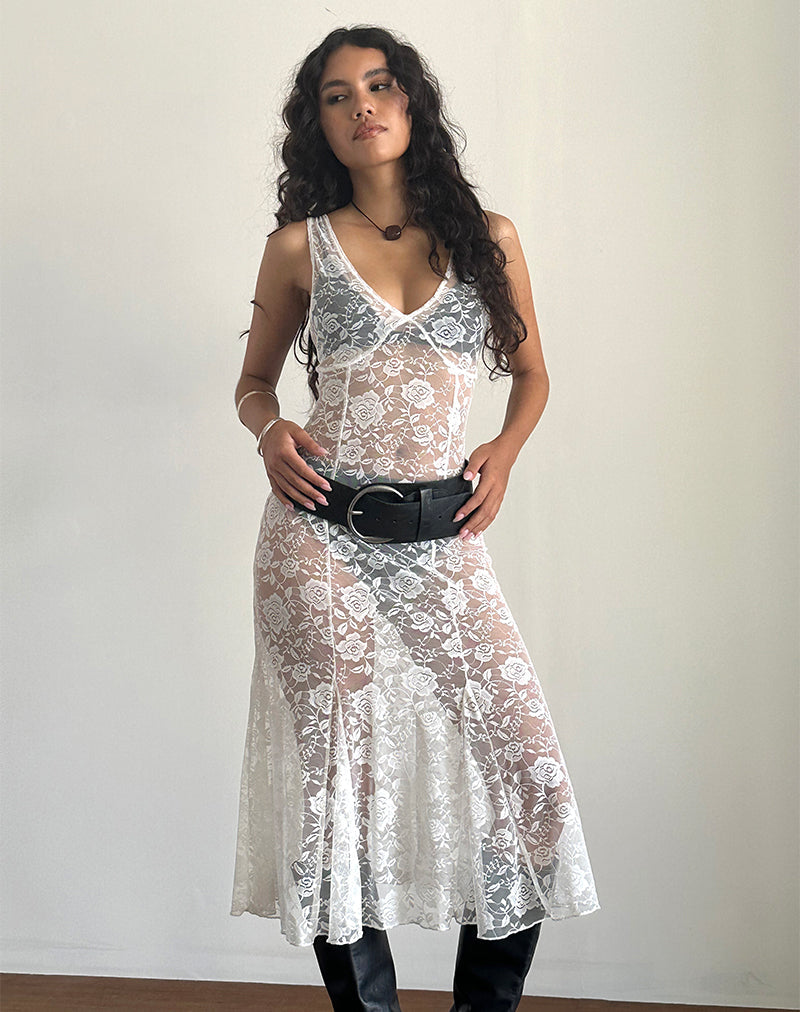 Image of Valea Unlined Midi Dress in Ivory Big Rose Lace