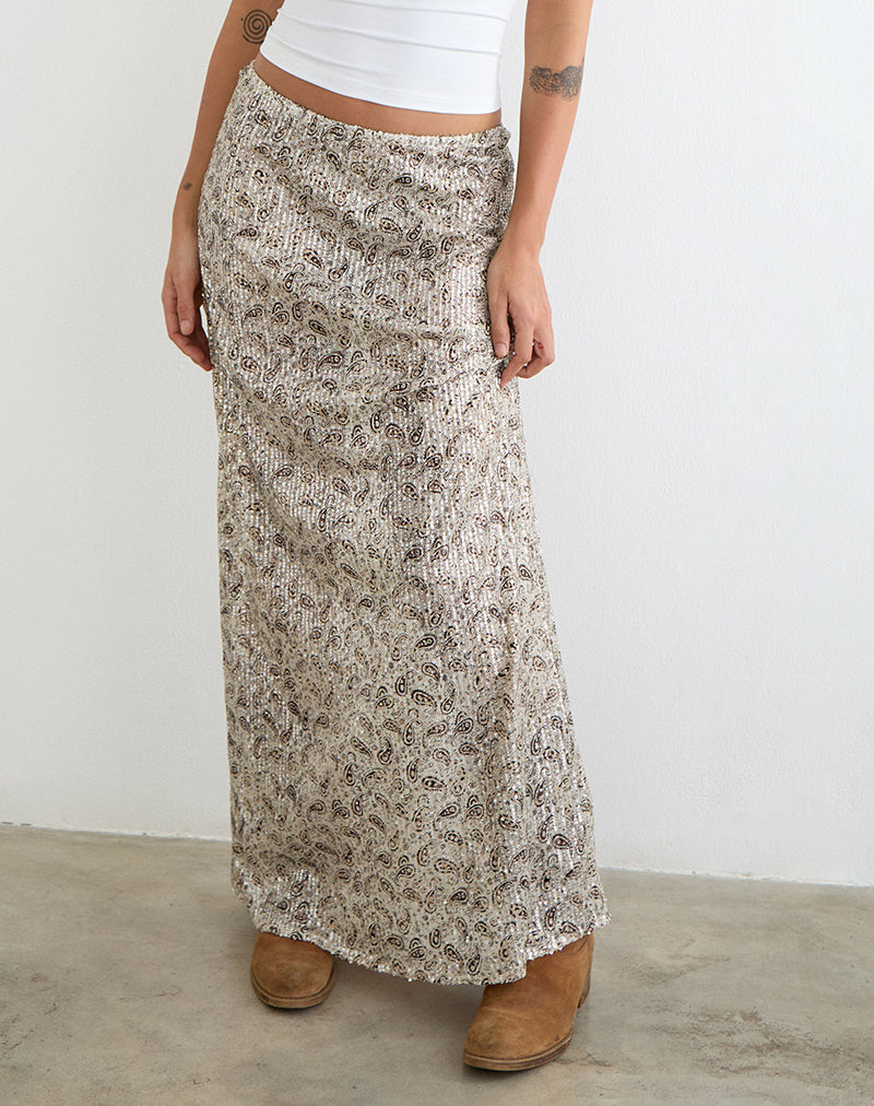 Vanessa Maxi Skirt in Paisley Sequin Gold