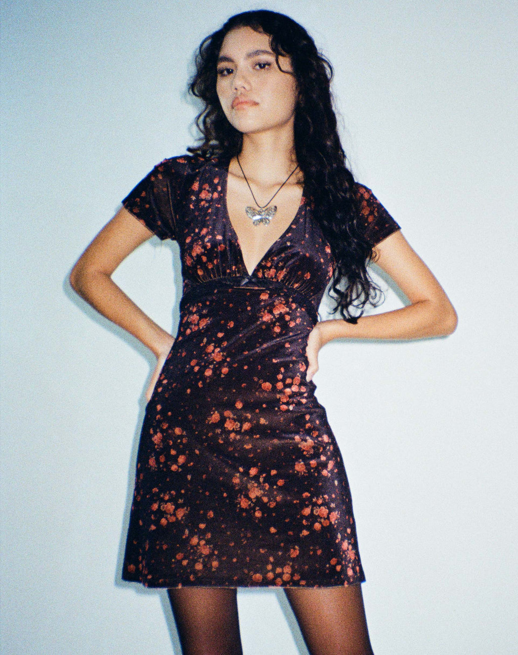 Vania Mini Dress in Rose Cluster Velvet