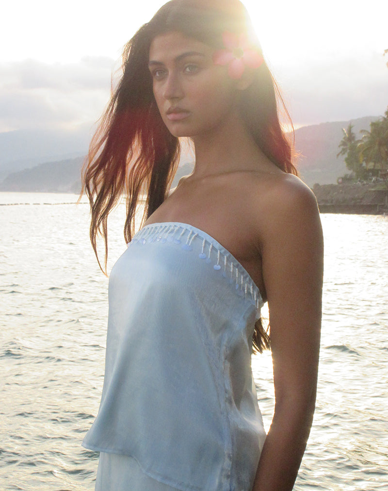 Light Blue Satin Organza Bandeau Top with Beaded Tassel | Vars ...