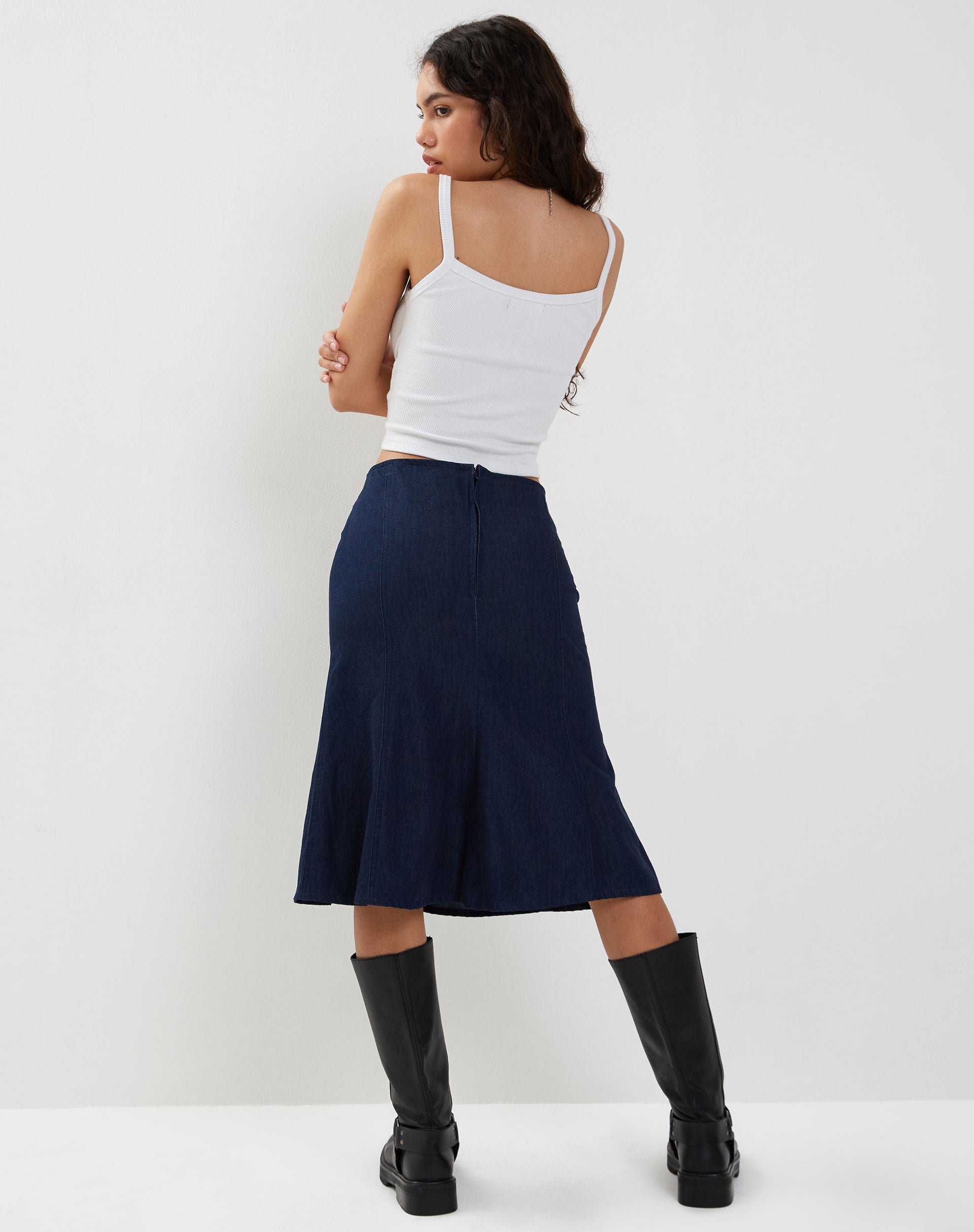 Image of Eames Midi Skirt in Denim Indigo Blue