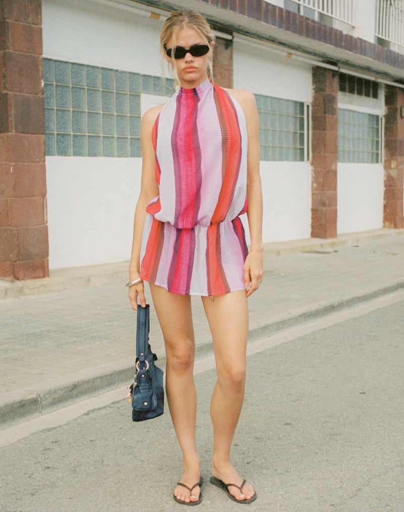 Veloria Halterneck Mini Dress in Pink Chiffon Painted Stripe