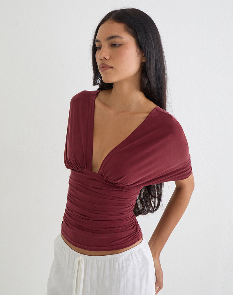 Image of Vernia Plunge Batwing Top in Cupro Burgundy