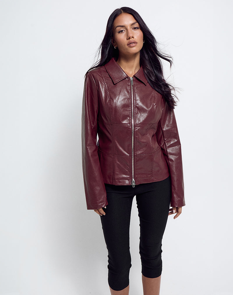 Image of Vincent Fitted Jacket in PU Burgundy