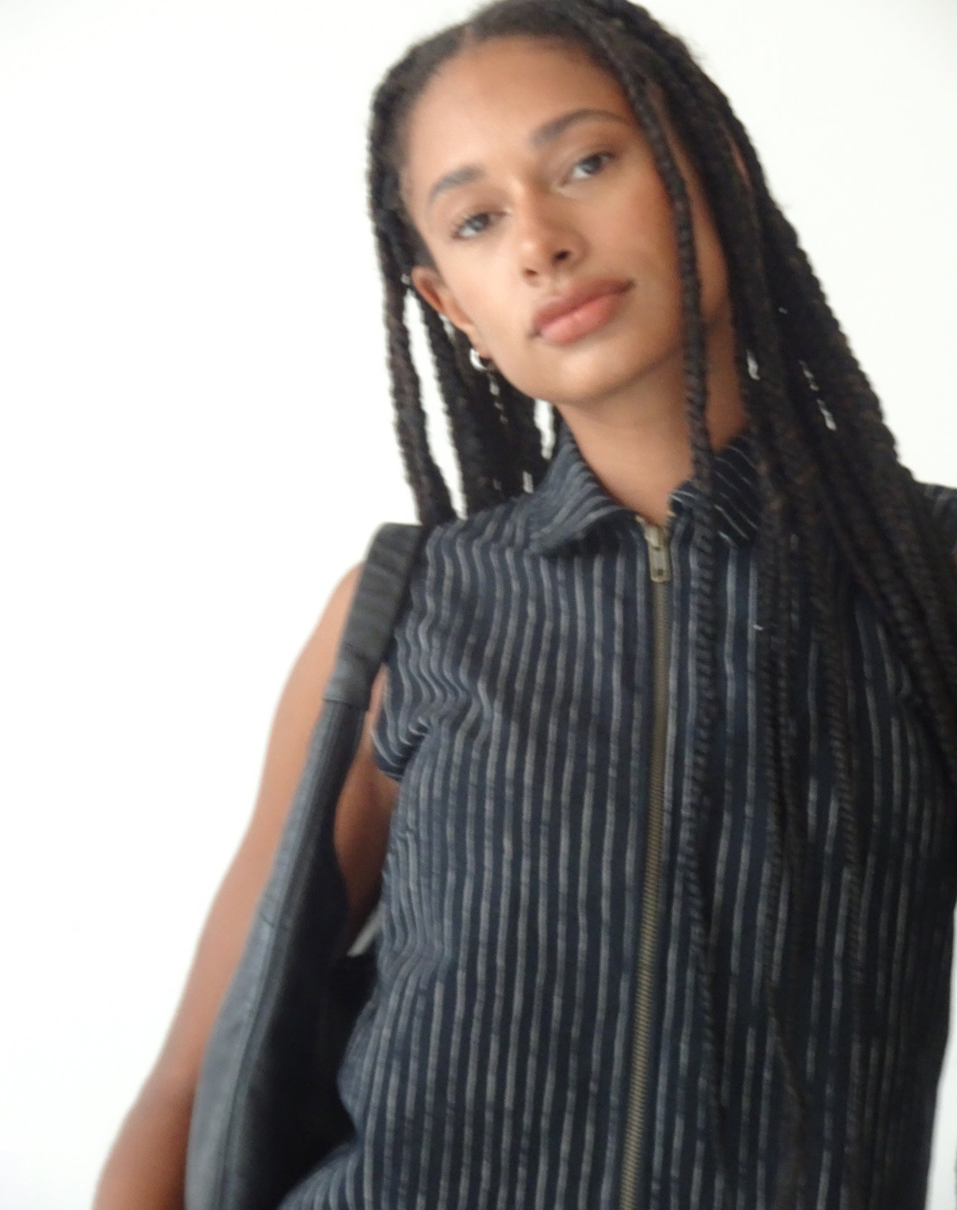 Image of MOTEL X JACQUIE Virago Zip Up Sleeveless Jacket in in Sketchy Stripe Black