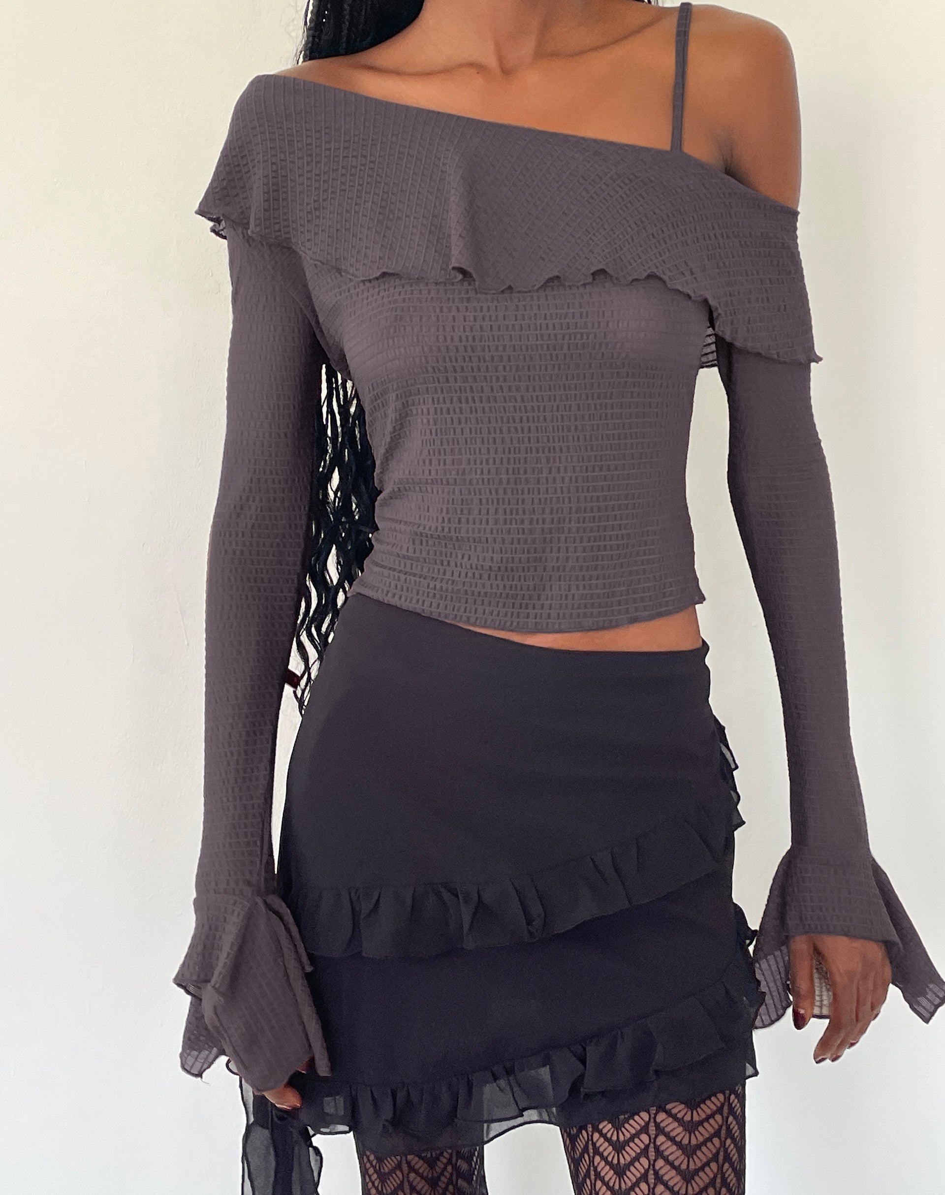 Image of Viserra Asymmetric Long Sleeve Top in Bubble Mesh Brown