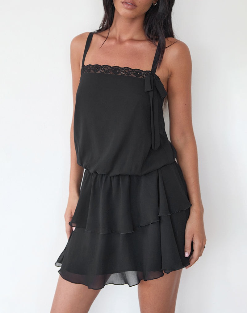 Wasinah Mini Dress in Black Chiffon with Lace Trim