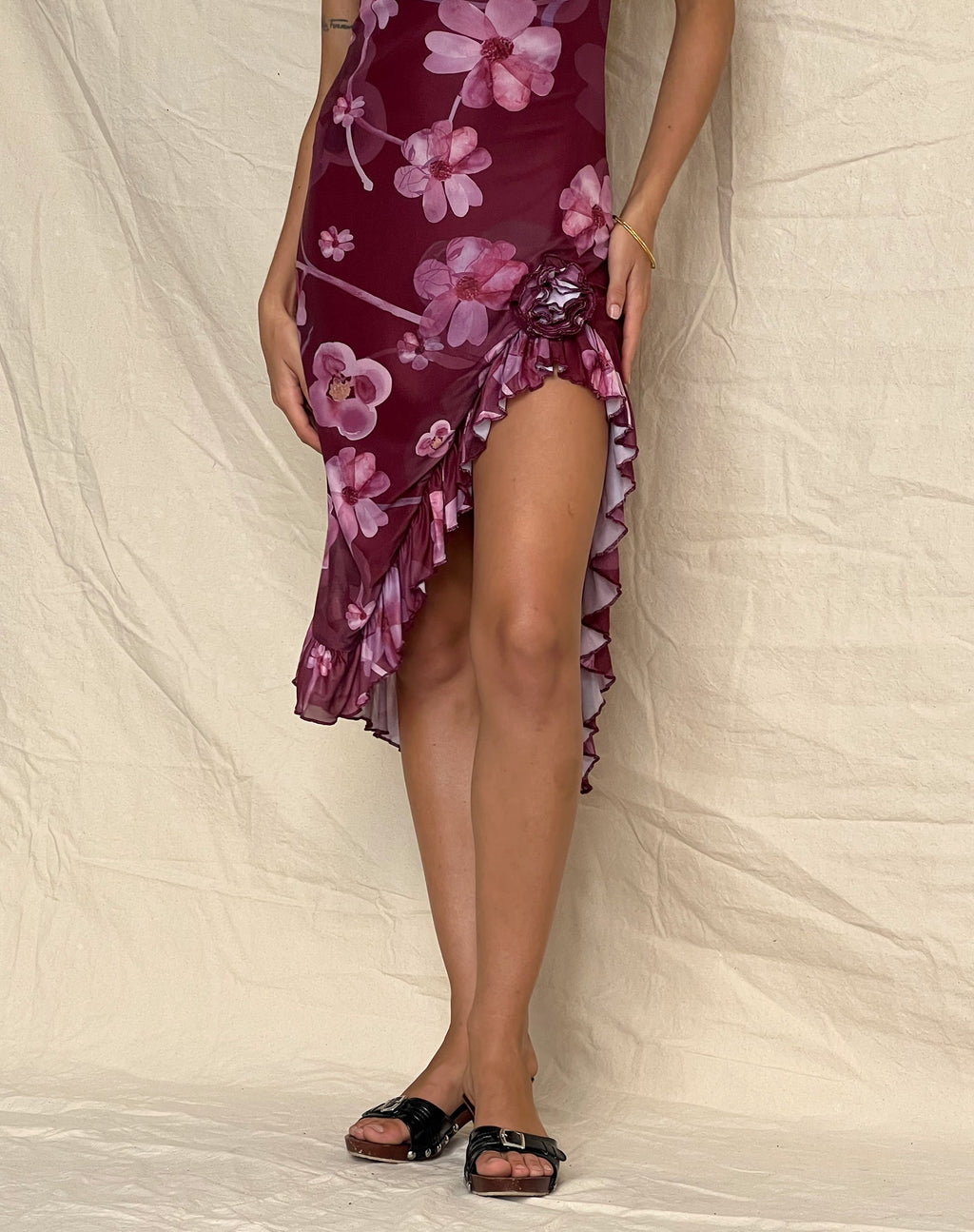 Weti Bandeau Mini Dress with Waterfall Hem in Watercolour Floral Berry